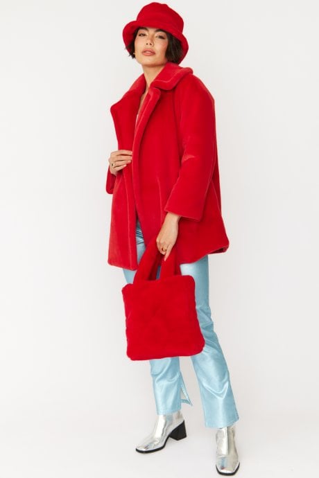 JAYLEY Red Faux Fur Duchess Midi Coat