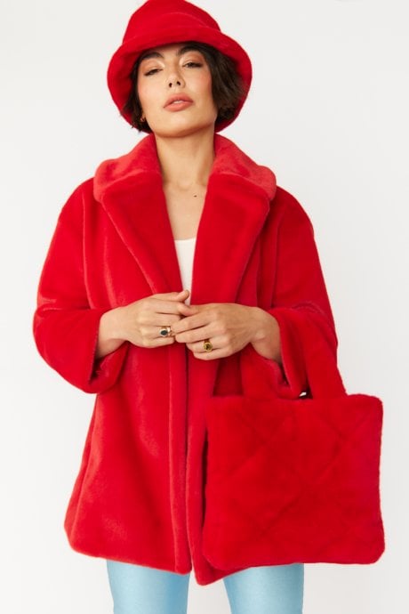 JAYLEY Red Faux Fur Duchess Midi Coat