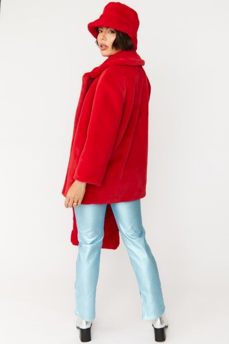 JAYLEY Red Faux Fur Duchess Midi Coat
