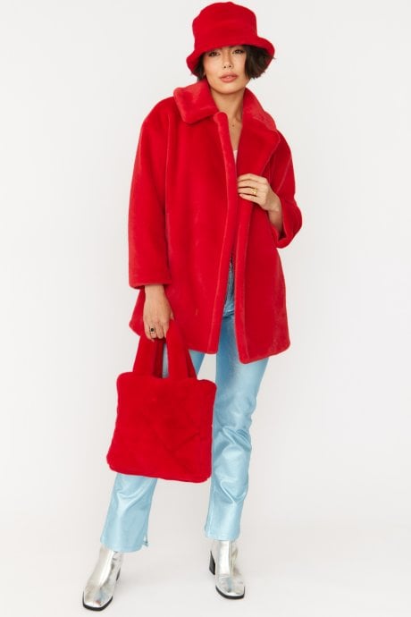 JAYLEY Red Faux Fur Duchess Midi Coat