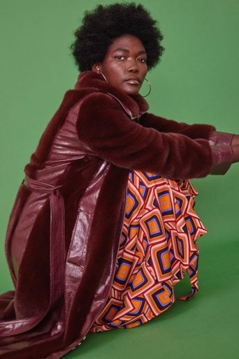 JAYLEY Red Faux Fur & Faux Leather Crocodile Effect Panelled Trench Coat