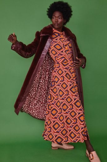 JAYLEY Red Faux Fur & Faux Leather Crocodile Effect Panelled Trench Coat