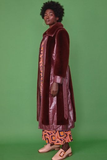 JAYLEY Red Faux Fur & Faux Leather Crocodile Effect Panelled Trench Coat