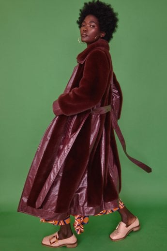 JAYLEY Red Faux Fur & Faux Leather Crocodile Effect Panelled Trench Coat