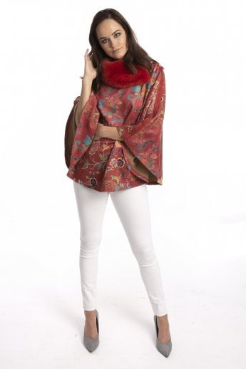 JAYLEY Red Faux Fur Faux Suede Poncho