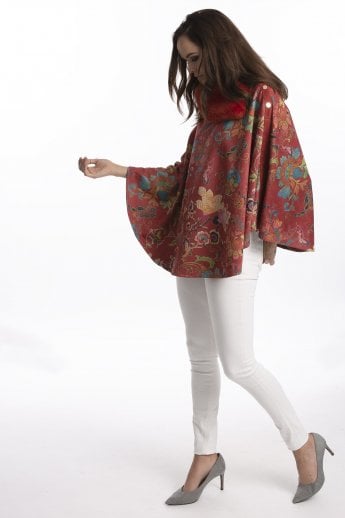 JAYLEY Red Faux Fur Faux Suede Poncho