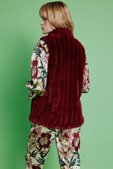 JAYLEY Red Faux Fur Faux Suede Vertical Stripe Gilet | Waistcoat