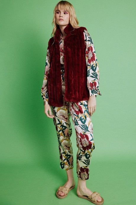 JAYLEY Red Faux Fur Faux Suede Vertical Stripe Gilet | Waistcoat