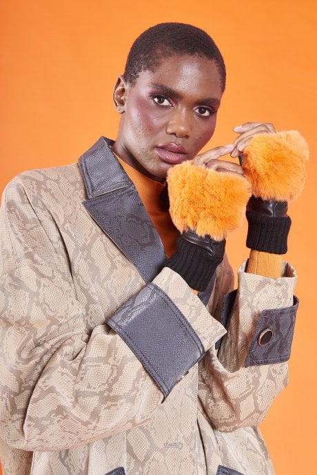 JAYLEY Red Faux Fur Fingerless Gloves