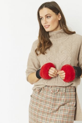 JAYLEY Red Faux Fur Fingerless Gloves
