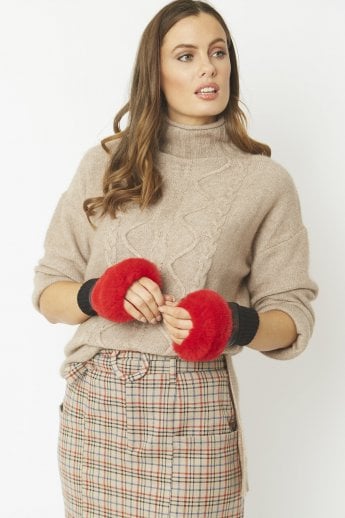 JAYLEY Red Faux Fur Fingerless Gloves