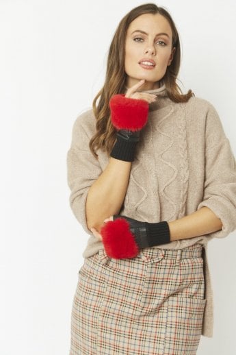 JAYLEY Red Faux Fur Fingerless Gloves