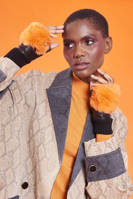 JAYLEY Red Faux Fur Fingerless Gloves