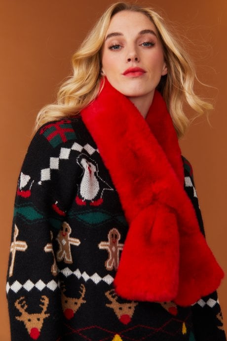 JAYLEY Red Faux Fur Keyhole Scarf