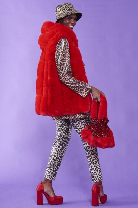 JAYLEY Red Faux Fur Long Hooded Gilet | Waistcoat