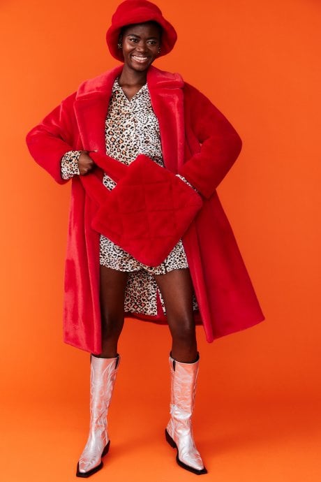 JAYLEY Red Faux Fur Midi Coat