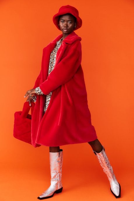 JAYLEY Red Faux Fur Midi Coat