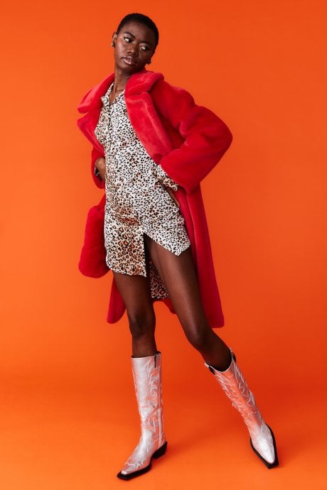 JAYLEY Red Faux Fur Midi Coat
