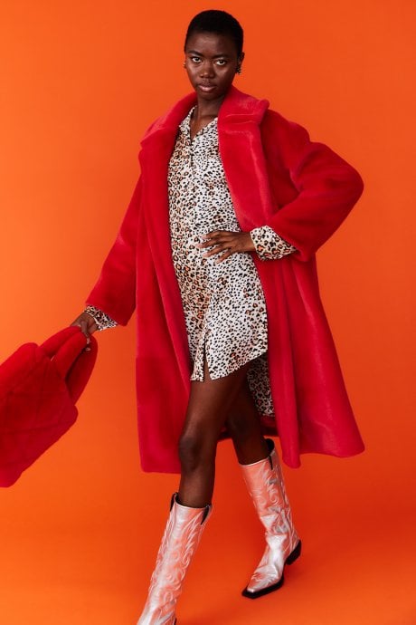 JAYLEY Red Faux Fur Midi Coat
