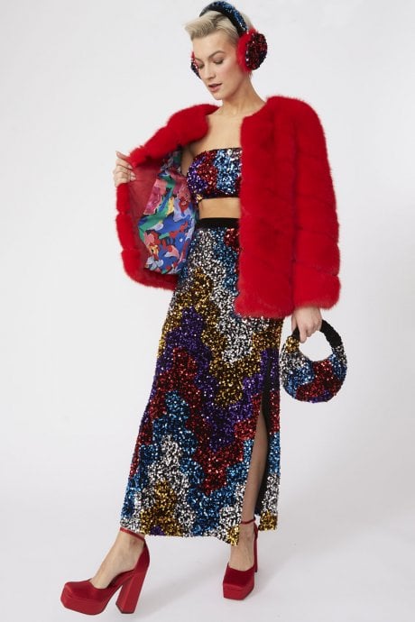 JAYLEY Red Faux Fur Striped Gaga Coat