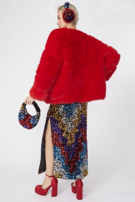 JAYLEY Red Faux Fur Striped Gaga Coat