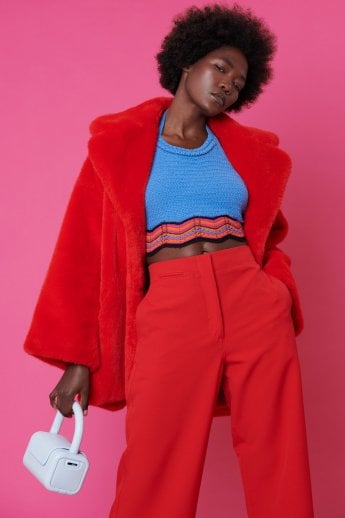 JAYLEY Red Faux Sable Fur Coat