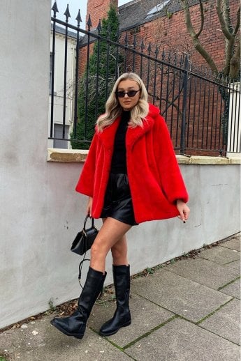 JAYLEY Red Faux Sable Fur Coat
