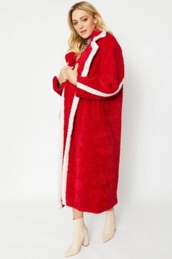 JAYLEY Red Faux Shearling Maxi Kate Oversized Coat