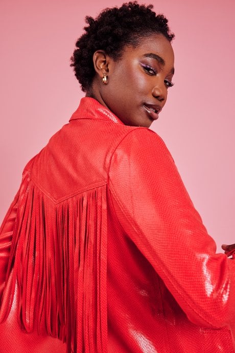 JAYLEY Red Faux Suede Tasseled Trench Coat