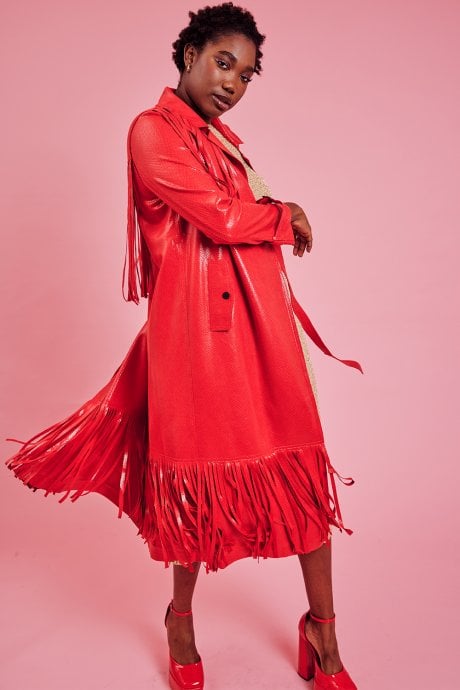 JAYLEY Red Faux Suede Tasseled Trench Coat