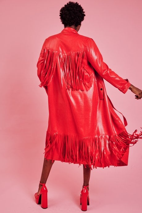 JAYLEY Red Faux Suede Tasseled Trench Coat