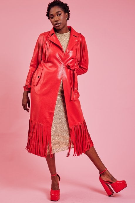 JAYLEY Red Faux Suede Tasseled Trench Coat