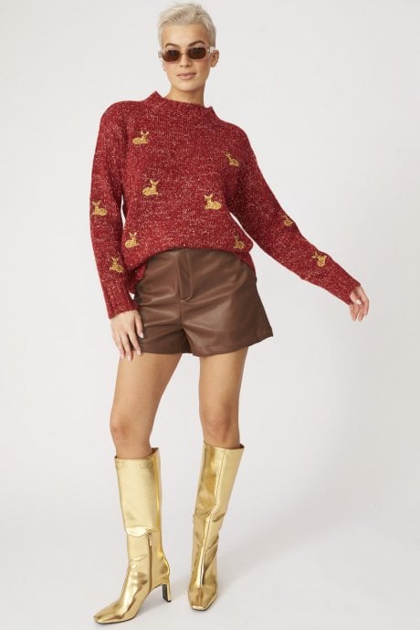 JAYLEY Red Glitter Christmas Jumper With Deer Embroidery