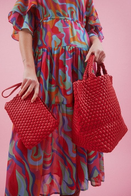 JAYLEY Red Hand Knitted ECO Leather Tote Bag with Matching Purse