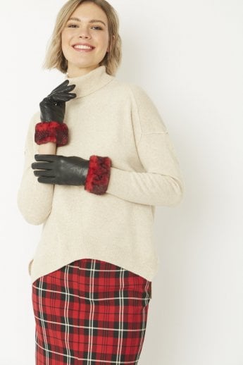 JAYLEY Red Leather Gloves With Faux Fur Trim