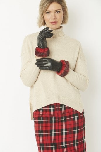 JAYLEY Red Leather Gloves With Faux Fur Trim