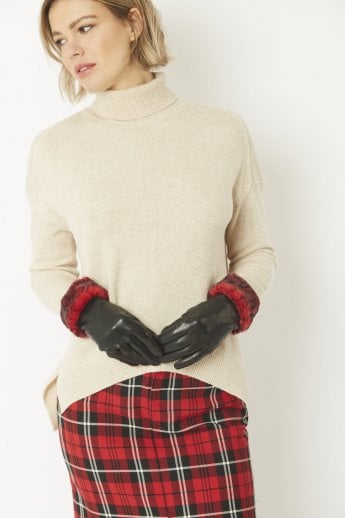 JAYLEY Red Leather Gloves With Faux Fur Trim