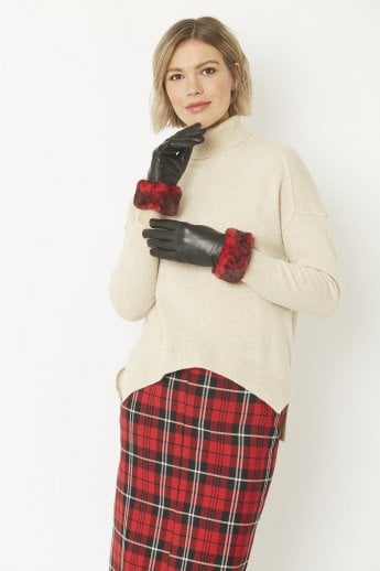JAYLEY Red Leather Gloves With Faux Fur Trim