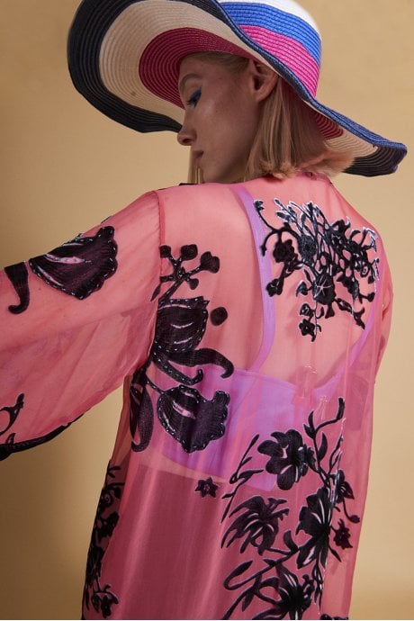 JAYLEY Red Long Length Devore Kimono Style Jacket
