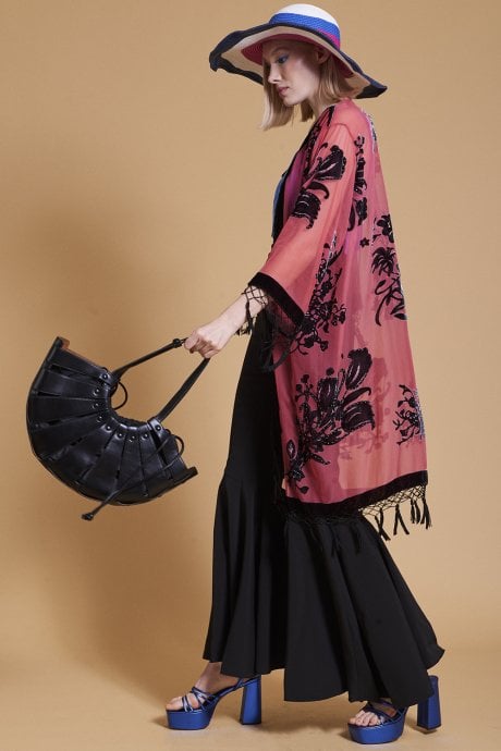 JAYLEY Red Long Length Devore Kimono Style Jacket