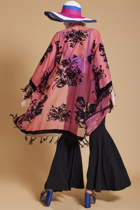 JAYLEY Red Long Length Devore Kimono Style Jacket