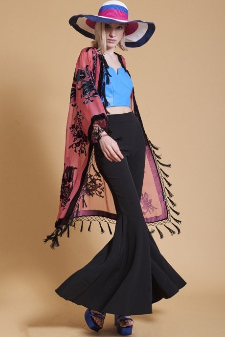 JAYLEY Red Long Length Devore Kimono Style Jacket