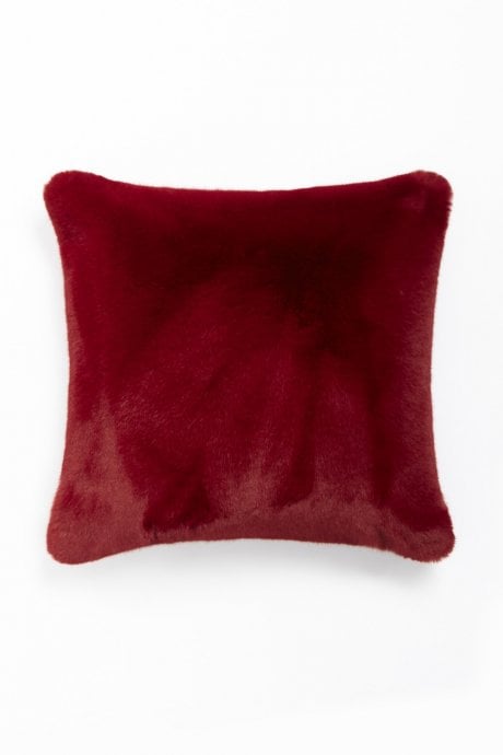 JAYLEY Red Luxury Faux Fur Cushion Cover With Embroidered Parisian Design