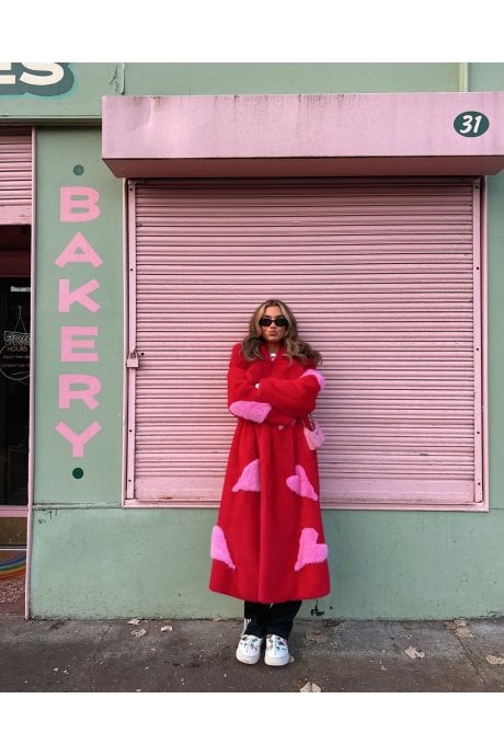 JAYLEY Red Maxi Eco Bamboo Faux Fur Coat With Love Heart Detailing