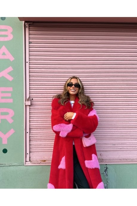 JAYLEY Red Maxi Eco Bamboo Faux Fur Coat With Love Heart Detailing