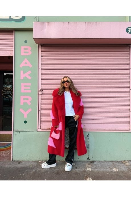 JAYLEY Red Maxi Eco Bamboo Faux Fur Coat With Love Heart Detailing