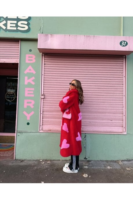 JAYLEY Red Maxi Eco Bamboo Faux Fur Coat with Love Heart Detailing