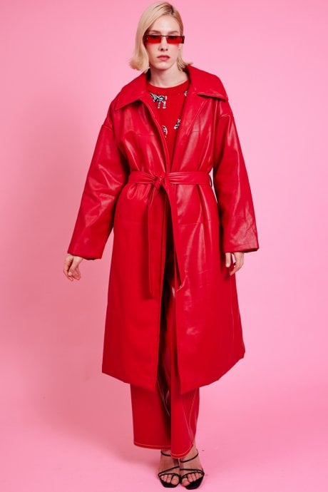 JAYLEY Red Maxi Eco Leather Puffer Coat
