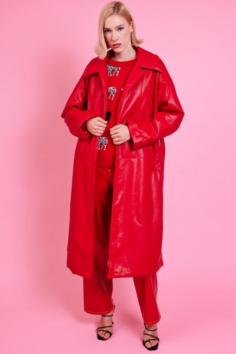 JAYLEY Red Maxi Eco Leather Puffer Coat