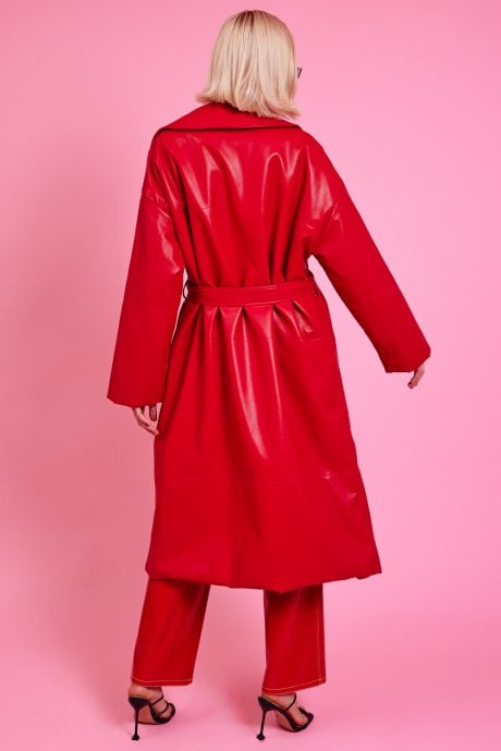 JAYLEY Red Maxi Eco Leather Puffer Coat